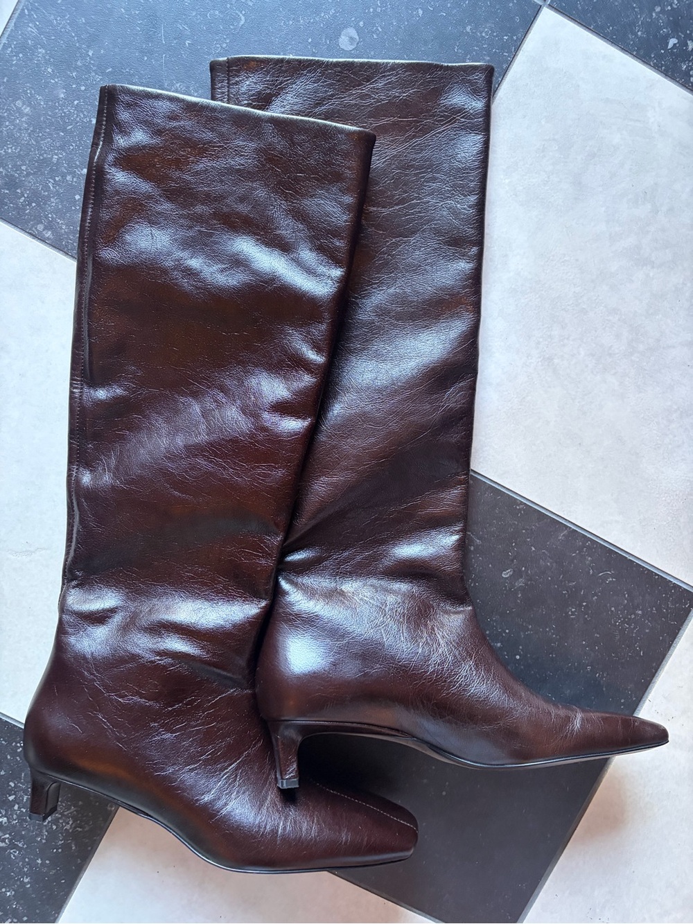 Women's Dark Brown Leather Knee-High Boots - Massimo Dutti